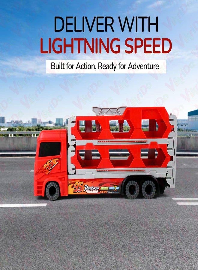 VikriDA Big Hauler Storage & Transform Transport Truck Toy | 2 Foldable Ejection Race Tracks with 2 Die-Cast Cars - Red - Image 5